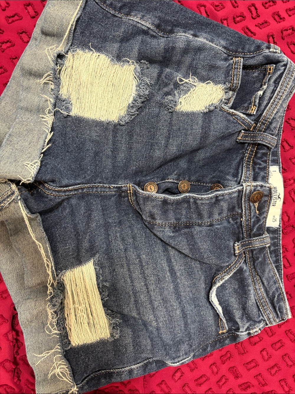 Hollister Distressed Dark Blue Denim Shorts with Frayed Patches